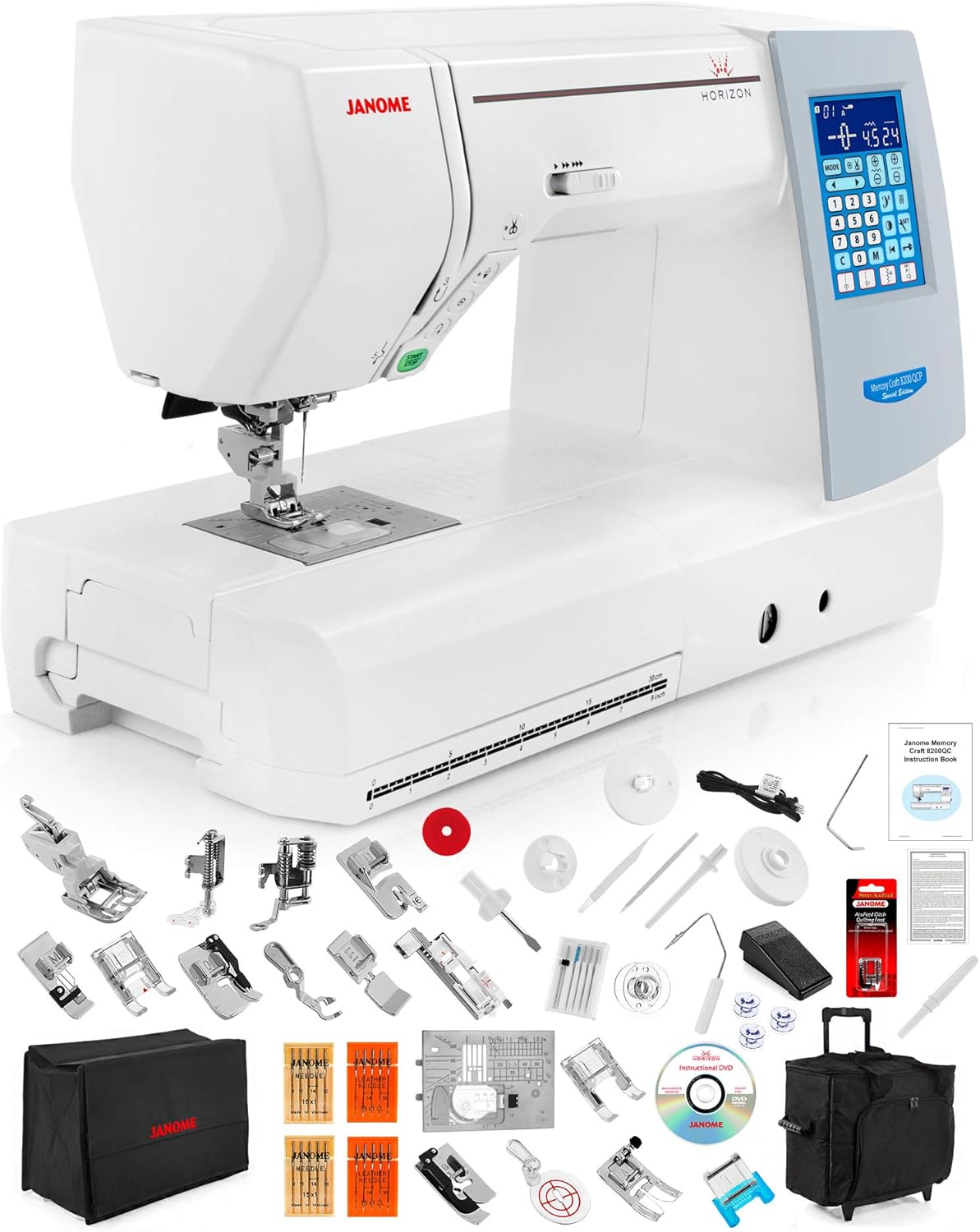 Janome Memory Craft Horizon 8200 QCP Special Edition Computerized Sewing Machine w/Black Roller Trolley Case + Semi-Hard Cover + Much More!