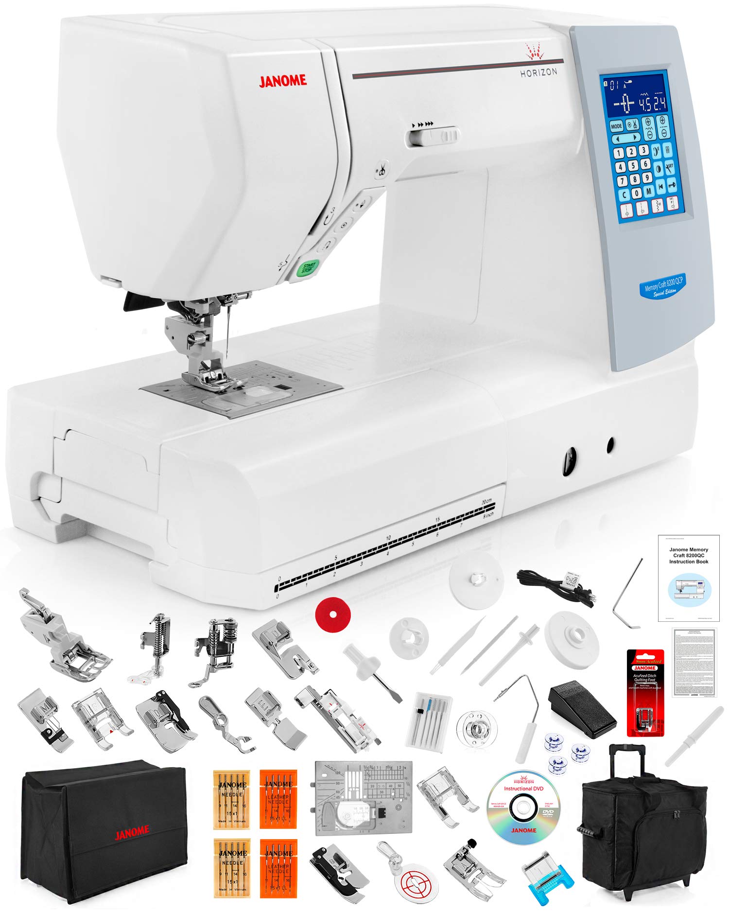 Janome Memory Craft Horizon 8200 QCP Special Edition Computerized Sewing Machine w/Black Roller Trolley Case + Semi-Hard Cover + Much More!